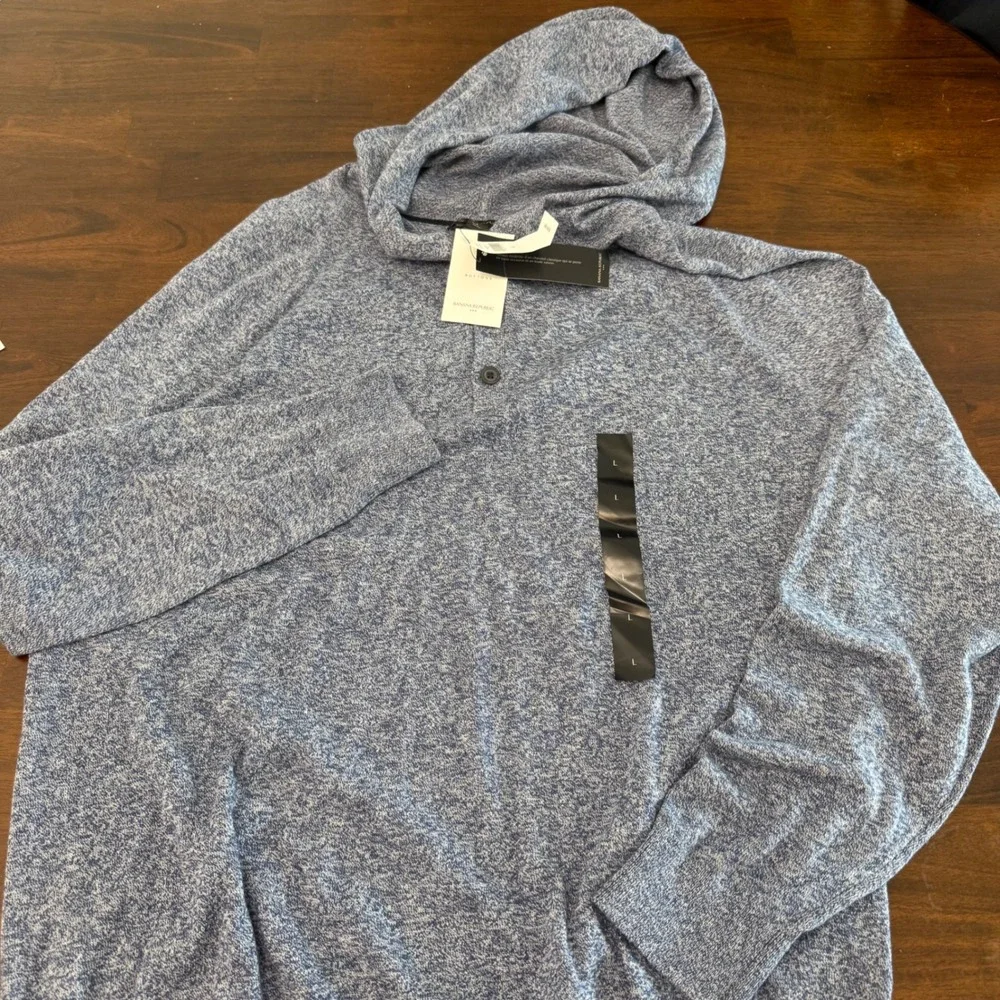 Banana Republic Mens Blue Marled Henley Knit Hoodie Sweater L NWT 486503-00-1